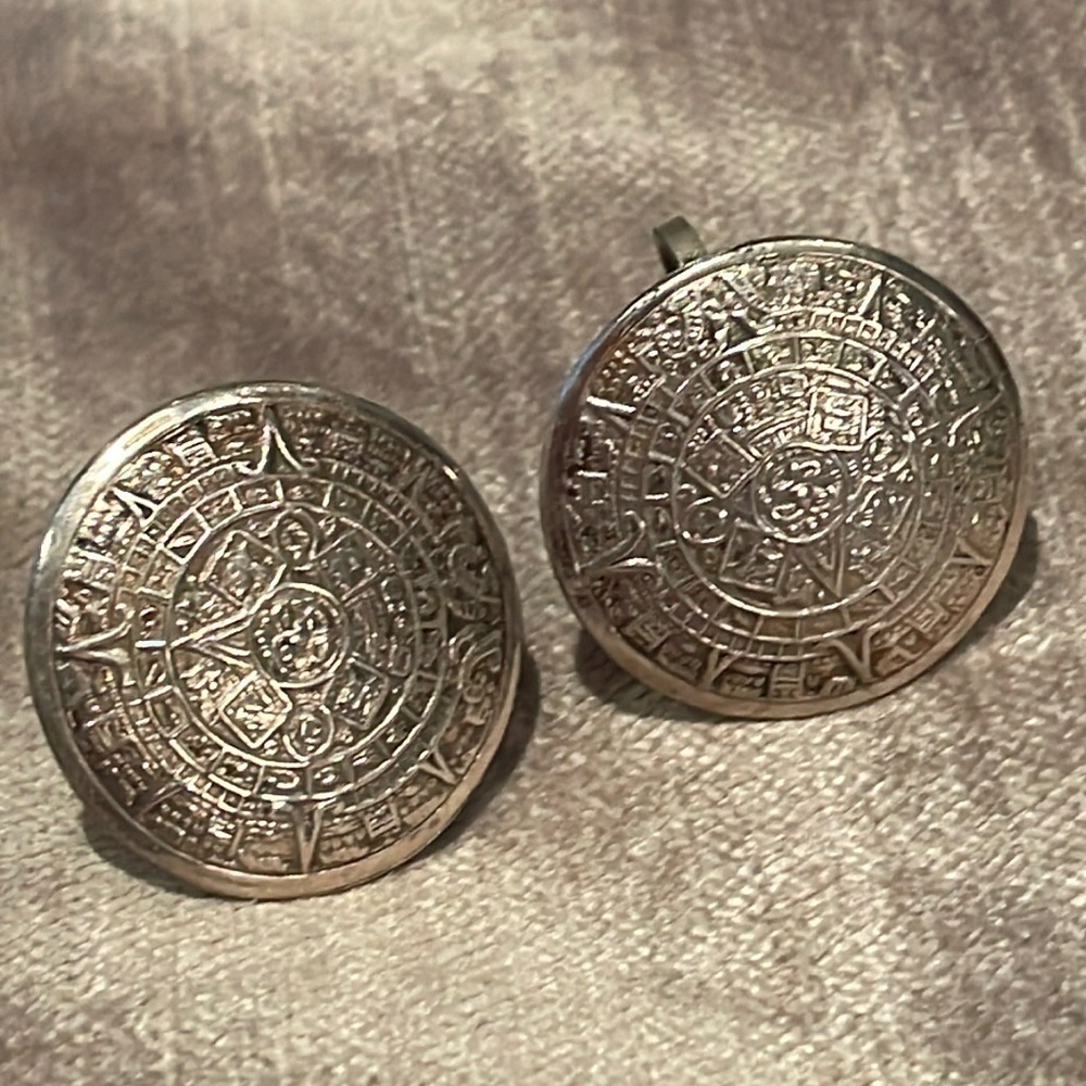 Vintage Aztec Calendar Sterling Silver Earrings 925 Designer